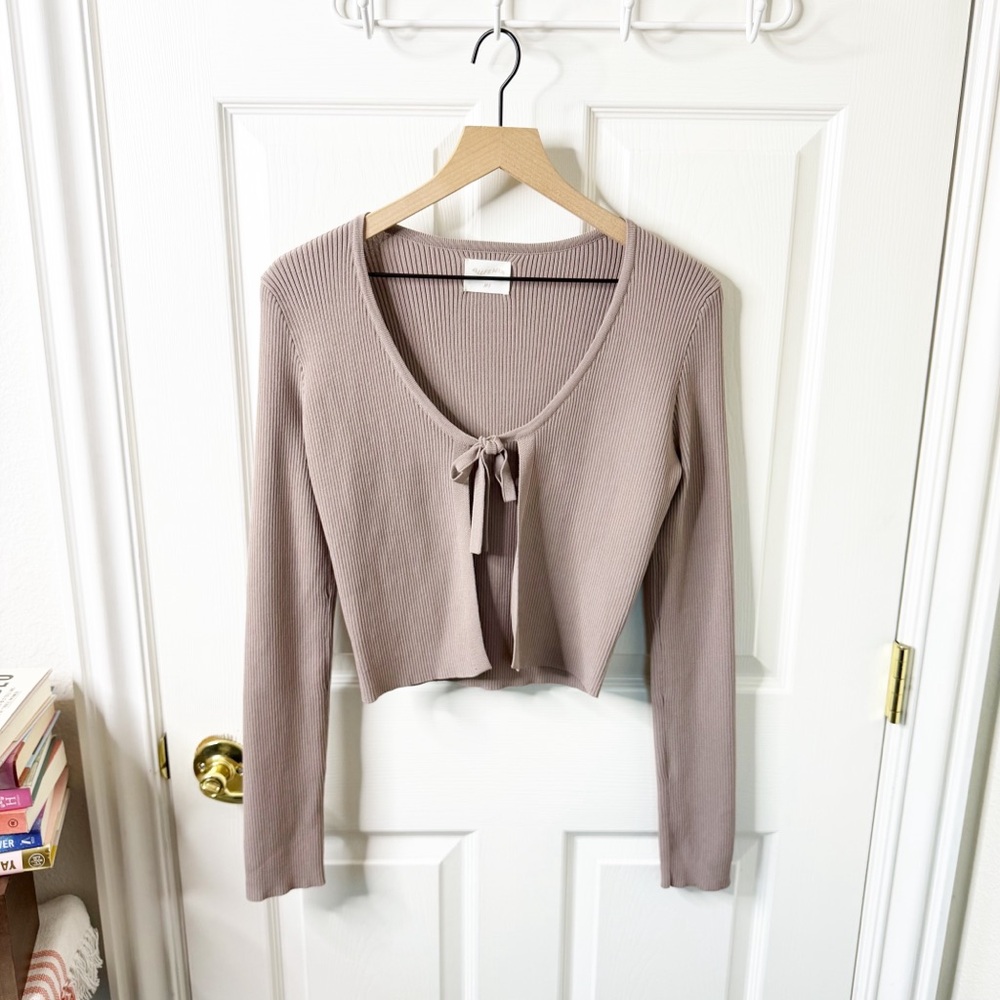Tie-Front Ribbed Knit Cardigan - Taupe